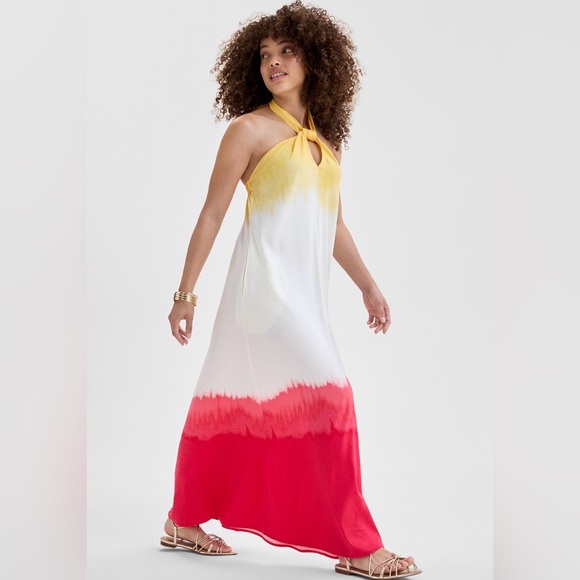 INC International Concepts Yellow White Pink Backless Halter Maxi Dress - Picture 2 of 6